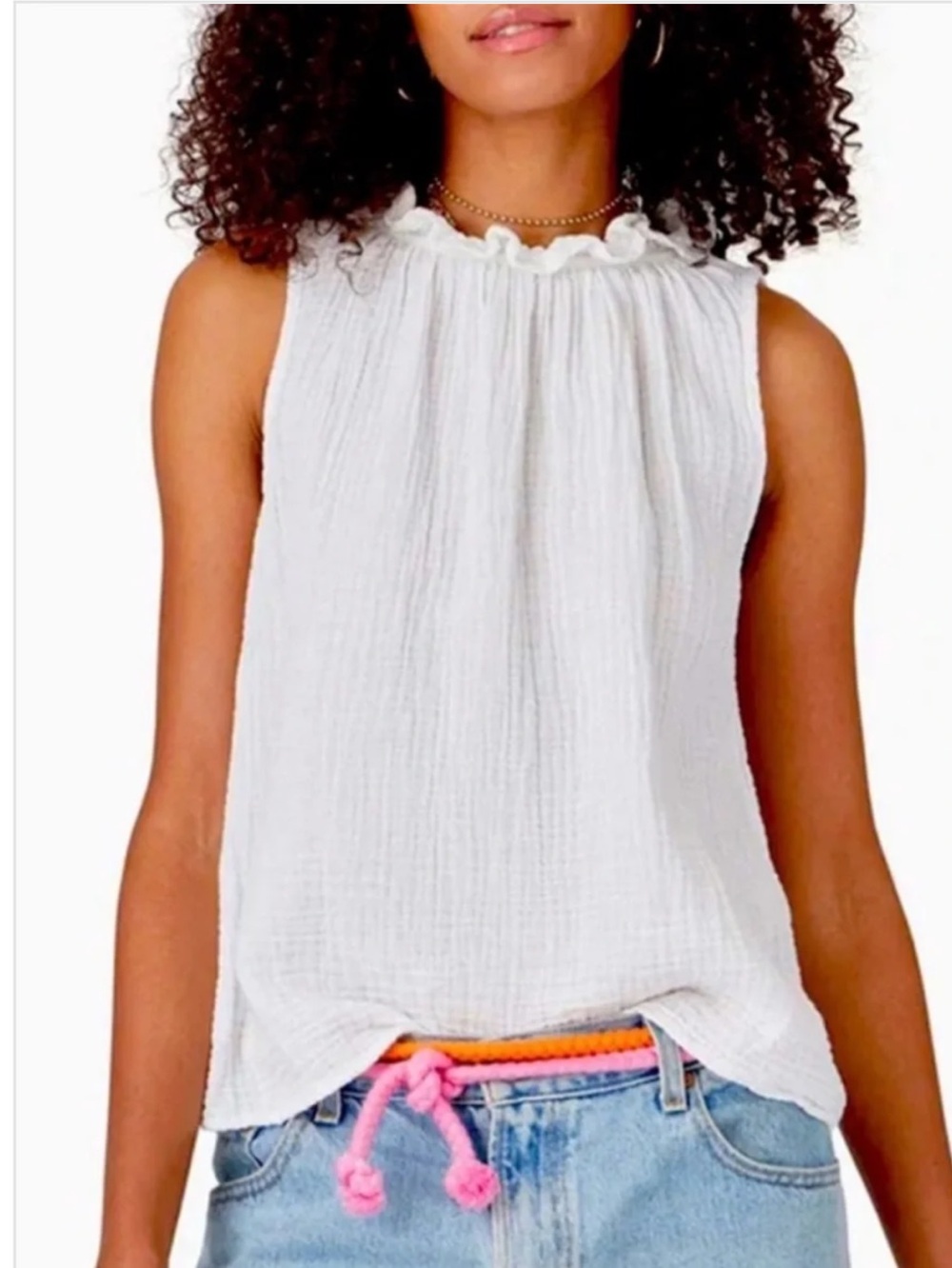 Xirena Noelle Sleeveless Gauze Top with Ruffle Neck Detail.   Small